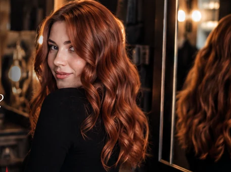 Red-haired salon client with dimensional professional hair color